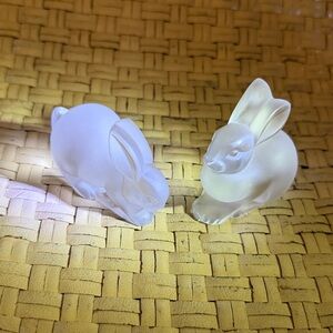 Lalique France Crystal Rabbit Pair - Resting & Seated Signed